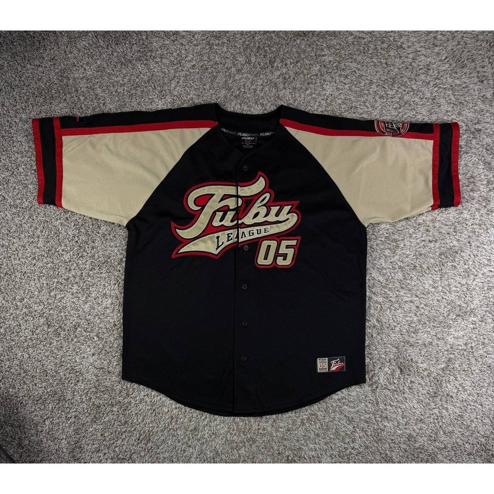 Vintage FUBU League 05 Button Baseball Jersey Shirt Men's Size XL Hip Hop Y2K